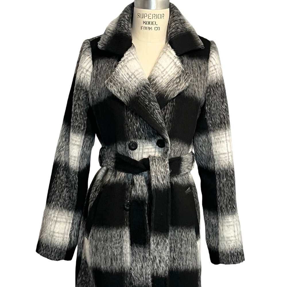 Susan Graver Double Breasted Belted Faux Wool Coat XS Black White Plaid